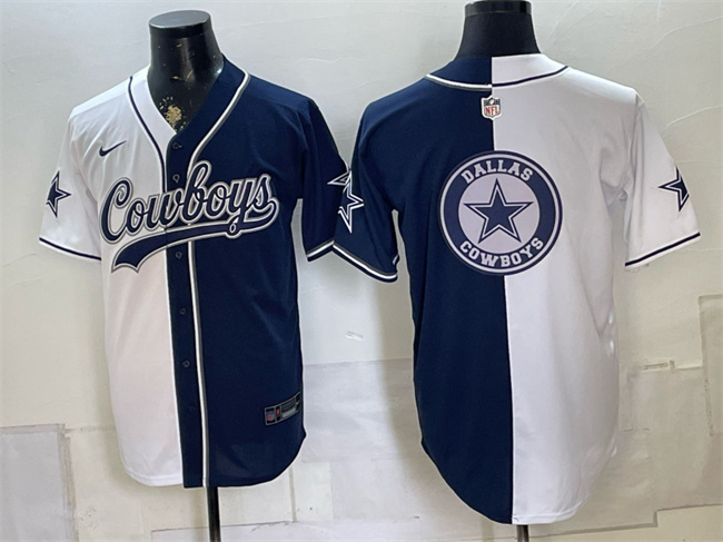 Men's Dallas Cowboys Team Big Logo White Navy Split Stitched Jersey